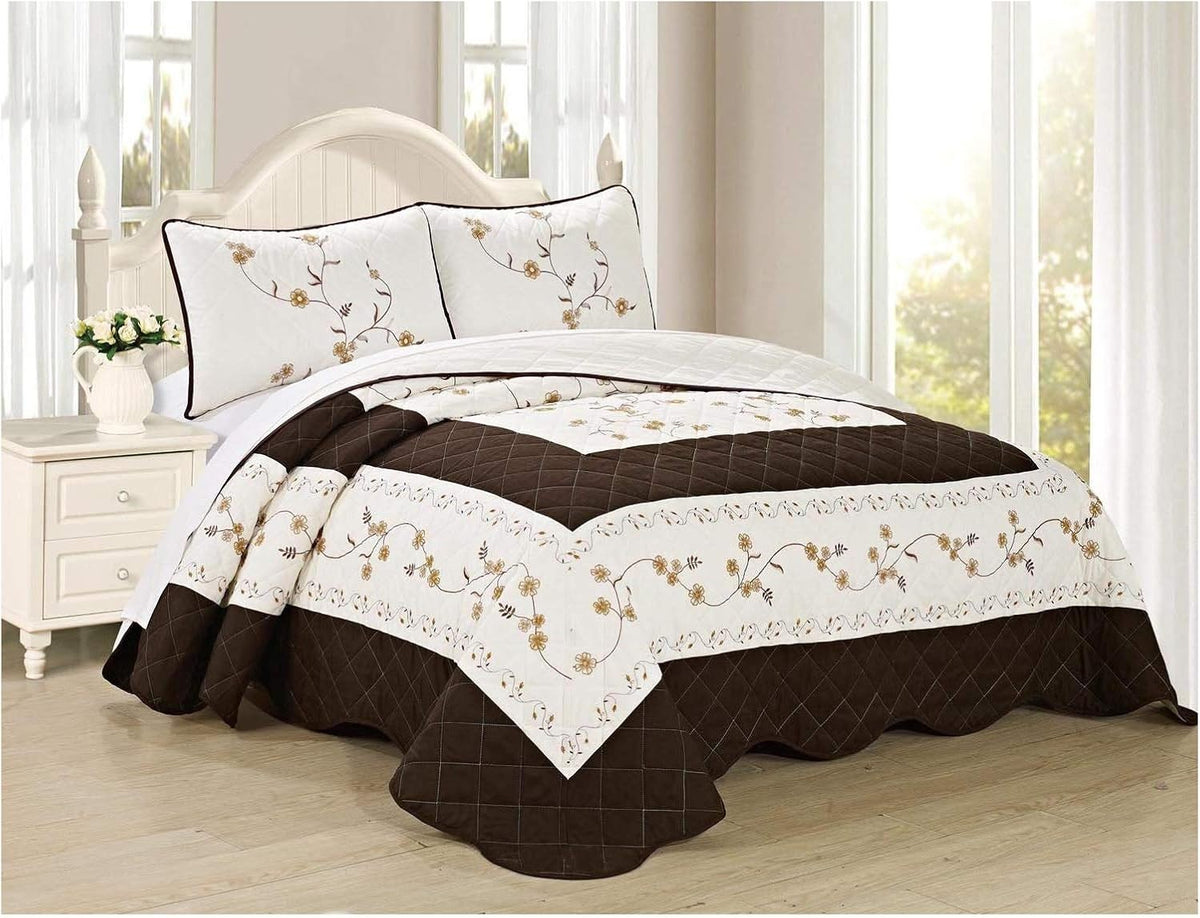6pc Embroidered Floral Bedspread Quilt Set Queen Size Light Blue Z911