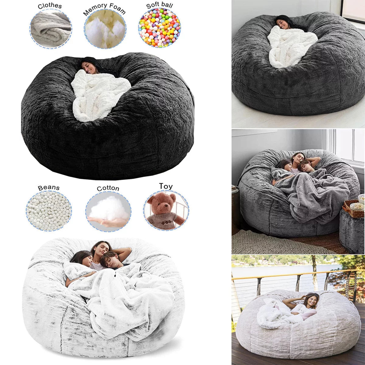 Black 5ft Faux Fur Bean Bag Chair Cover L406