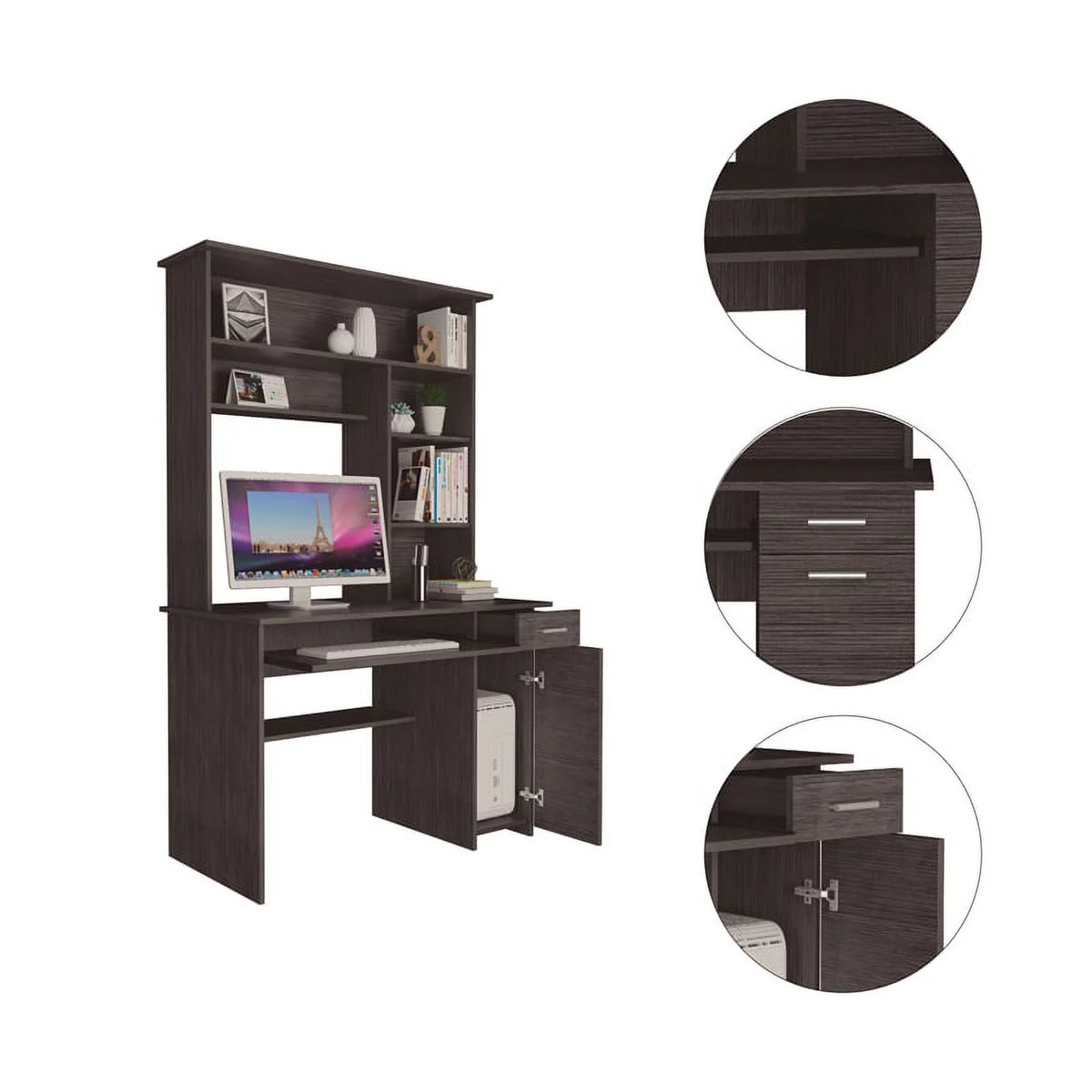 Modern Engineered Wood Desk With Hutch in Charcoal B504