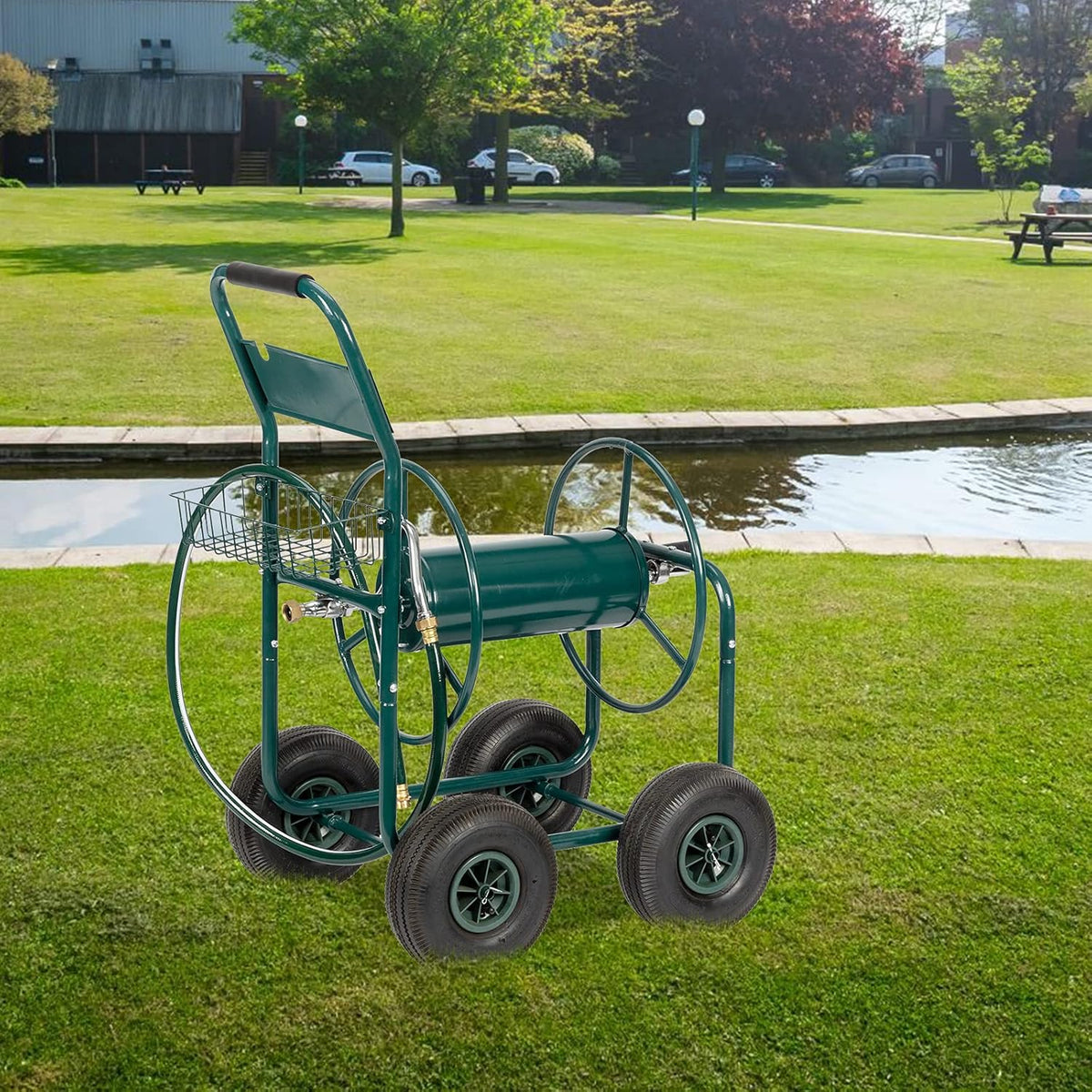4-Wheel Garden Hose Reel Cart with Storage Basket W6546