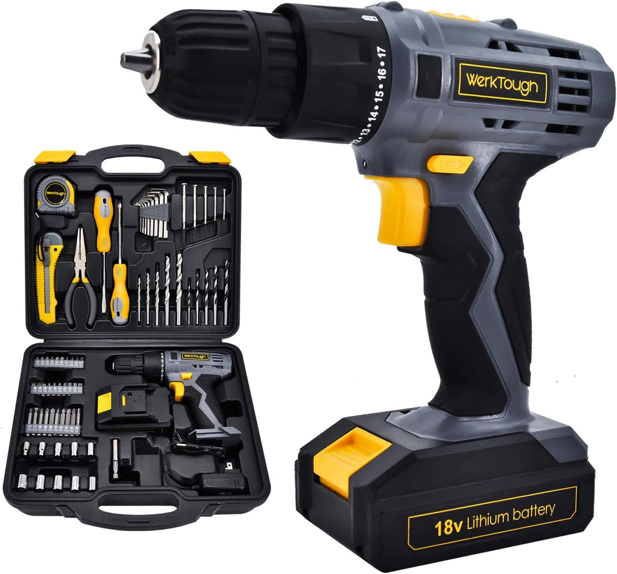 77PCS 18/20V Cordless Drill Screwdriver Tool Set in Toolbox Storage Case Q40363