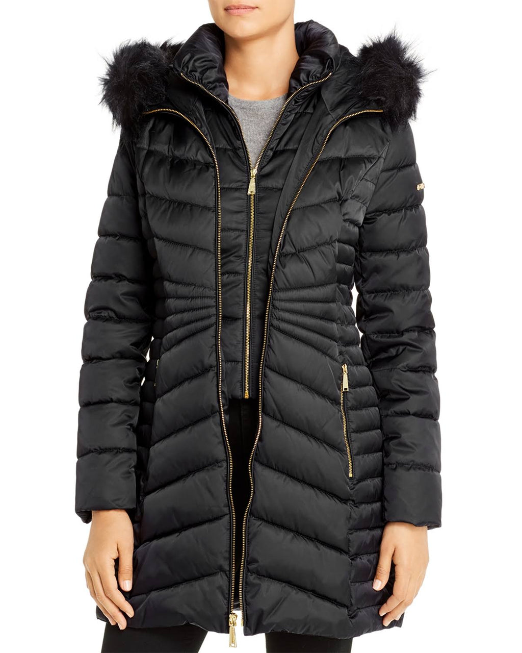 Black Faux-Fur-Trim Hooded Puffer Coat N623835