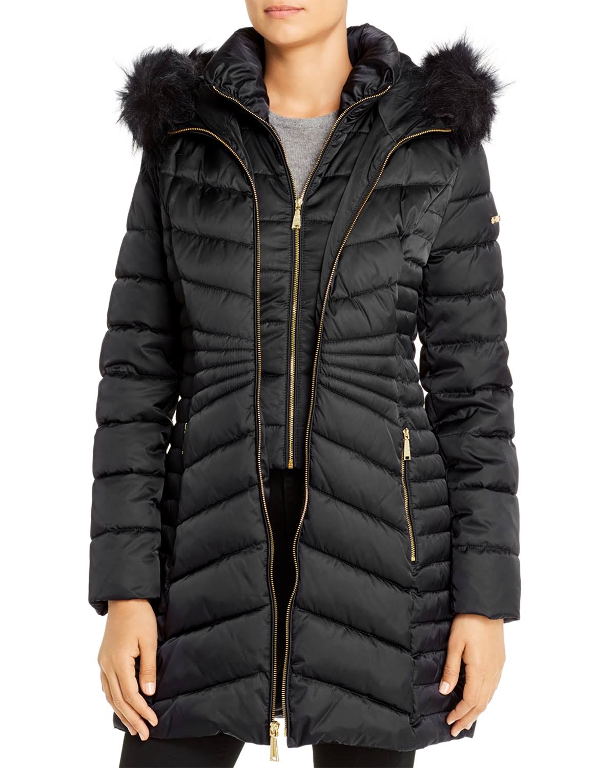 Black Faux-Fur-Trim Hooded Puffer Coat N623835