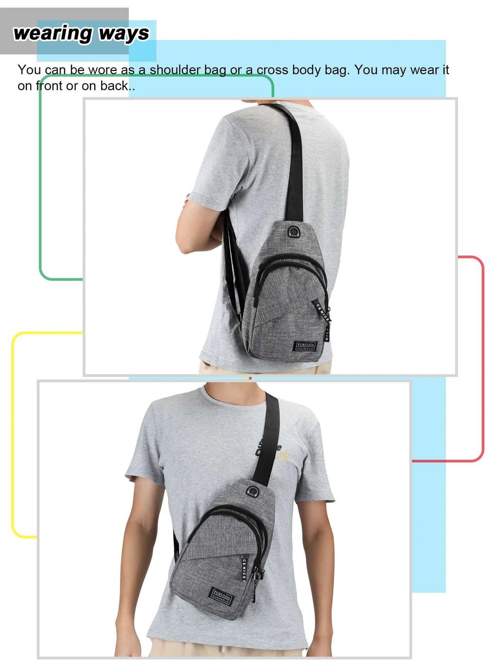 Small Casual Sling Bag Crossbody Backpack with Adjustable Shoulder Strap Black & Gray P9926