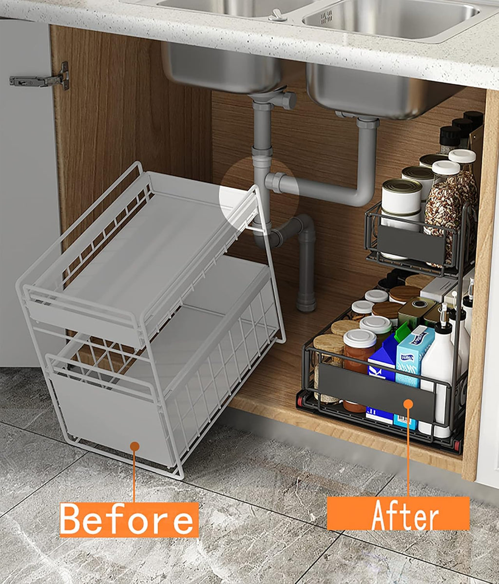 Black 2-Tier Under Sink Organizer with Sliding Drawer F73622