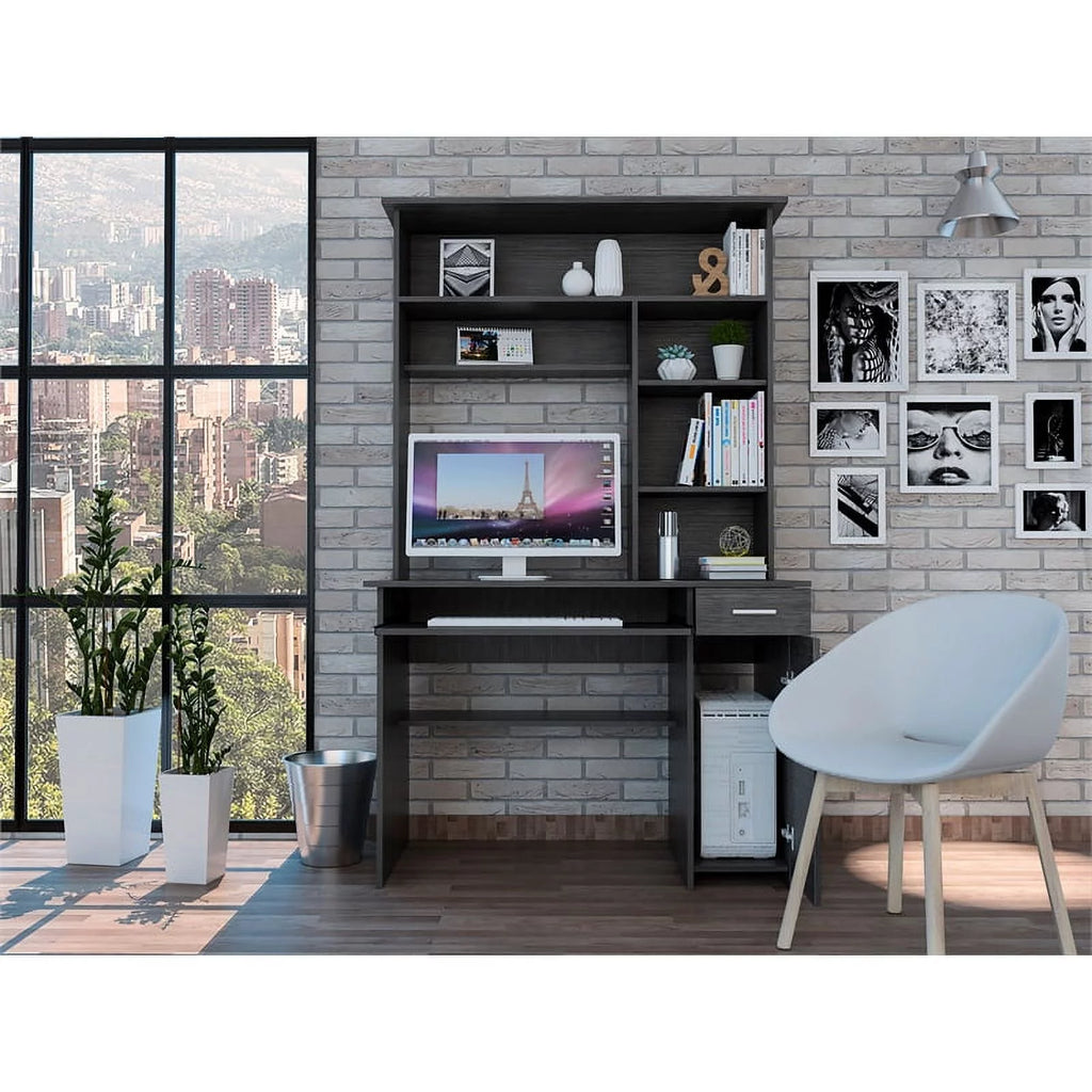 Modern Engineered Wood Desk With Hutch in Charcoal B504