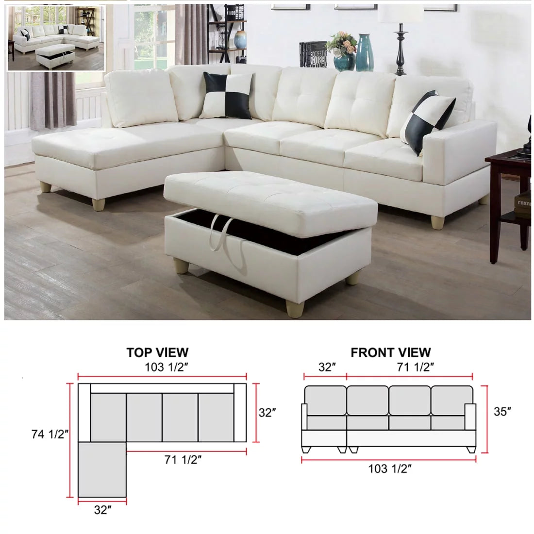 White Faux Leather Sectional with Ottoman Q849