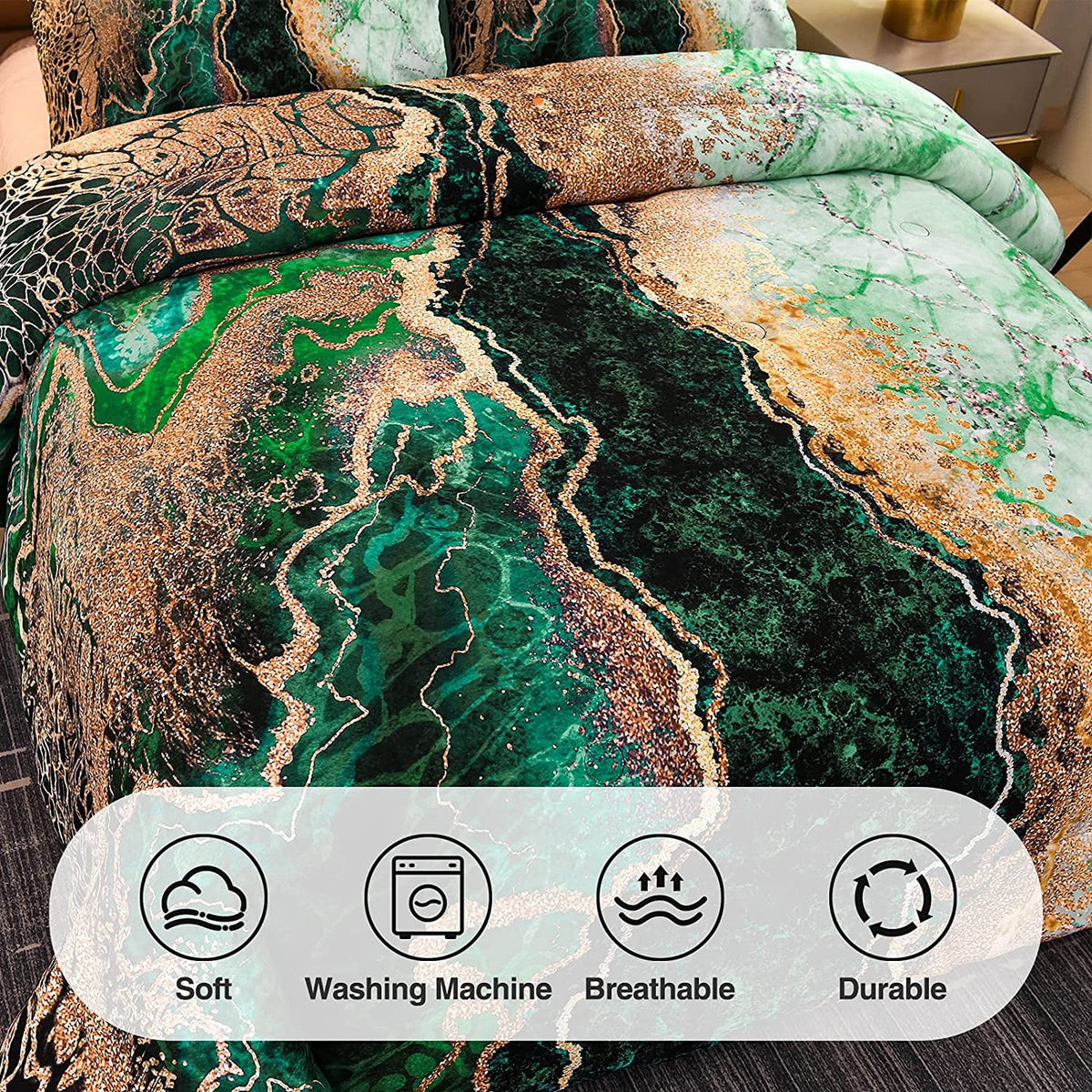 King Comforter Set Marble Printed Bedding Set Watercolor Green P610777