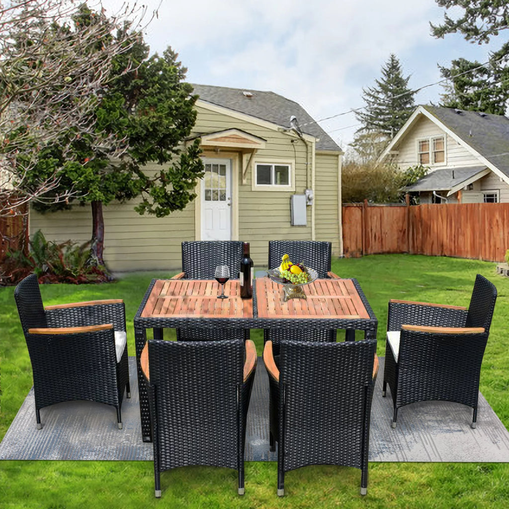 7 Piece Outdoor Patio Wicker Dining Set with Acacia Wood Top B7744