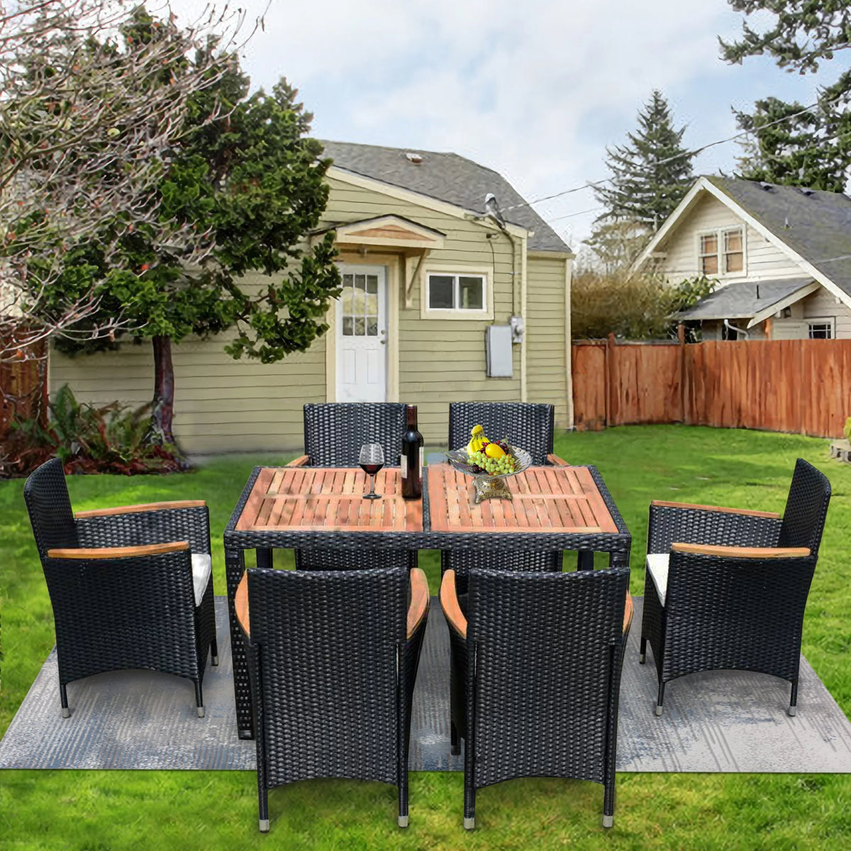 7 Piece Outdoor Patio Wicker Dining Set with Acacia Wood Top B7744