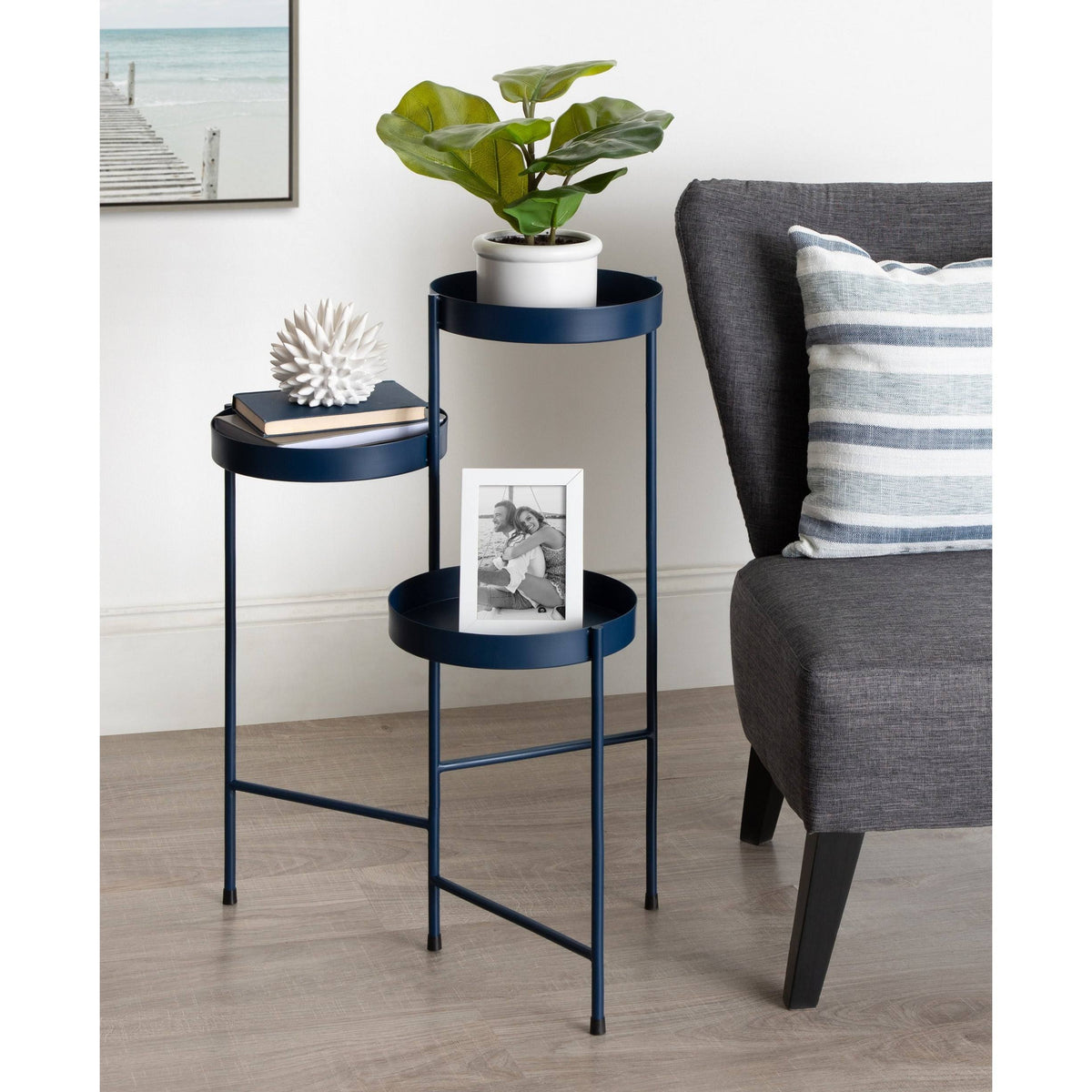 Navy Blue Metal Tri-Level Plant Stand K416709