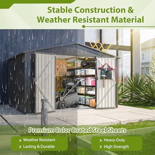 10X8 FT Metal Outdoor Storage Shed with Floor and Lockable Doors, Black I581