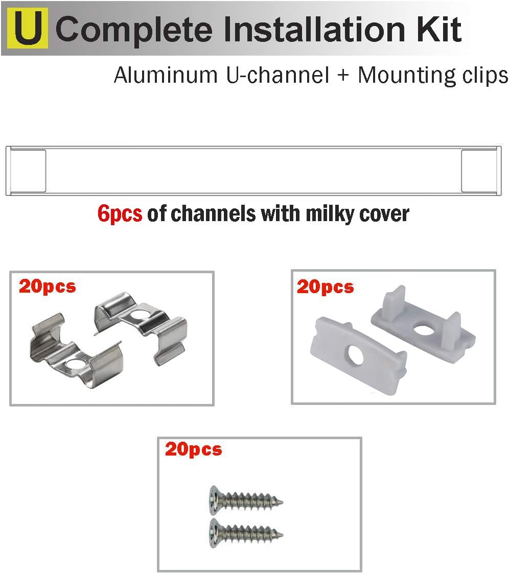 6x2m LED Strip Light Channel with Milky Cover Diffusers, End Caps and Mounting Clips B29603