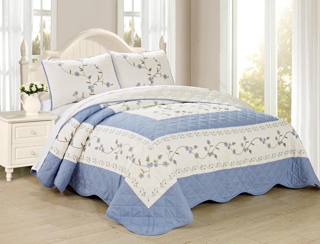 6pc Embroidered Floral Bedspread Quilt Set Queen Size Light Blue Z911