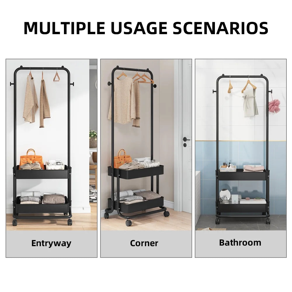 Black Movable Garment Rack with 2 Tiers Basket and 2 Side Hooks W453