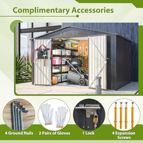 10X8 FT Metal Outdoor Storage Shed with Floor and Lockable Doors, Black I581