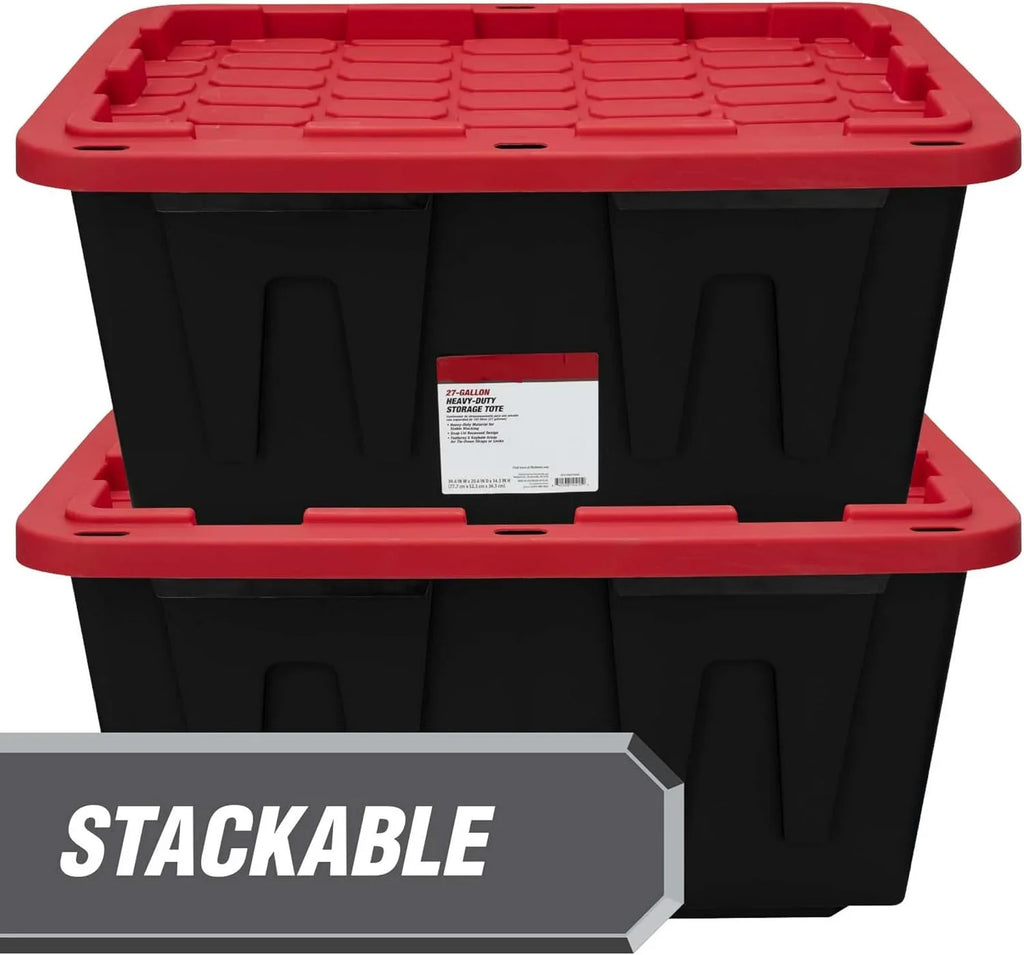 4 Pack 27 Gallon Plastic Storage Container with Snap-On Lid Black and Red Durable Organizer Bin H8318