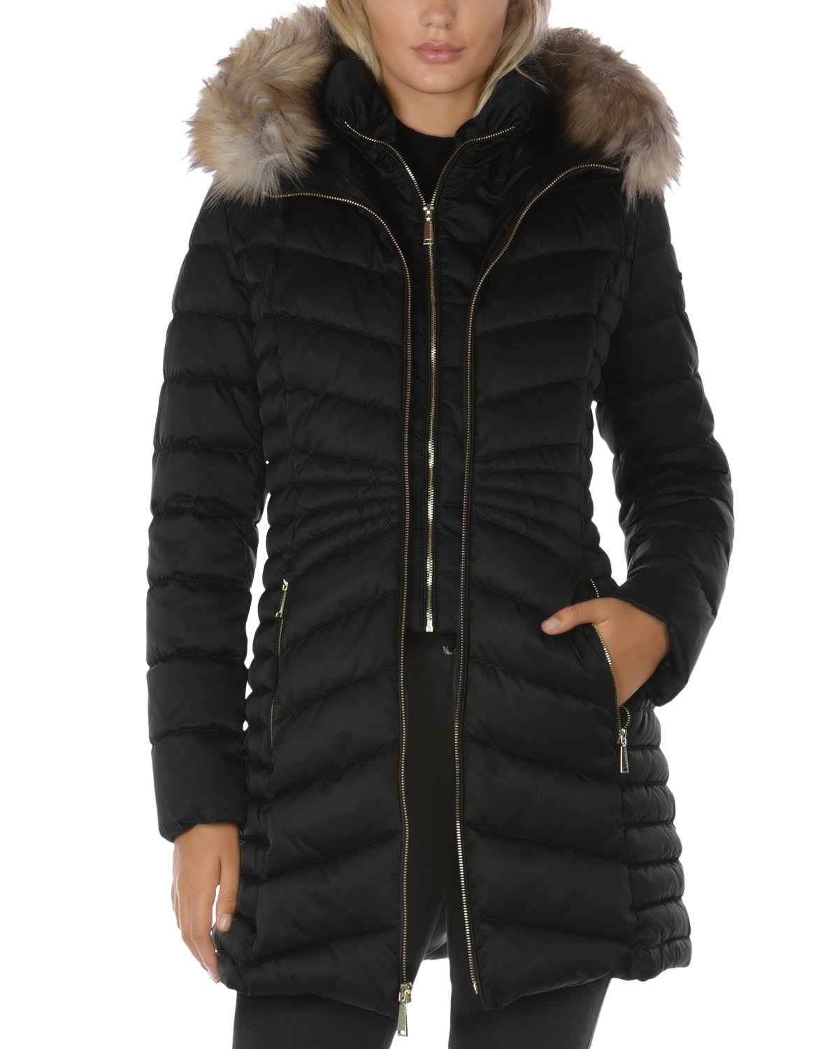 Black Faux-Fur-Trim Hooded Puffer Coat N623835