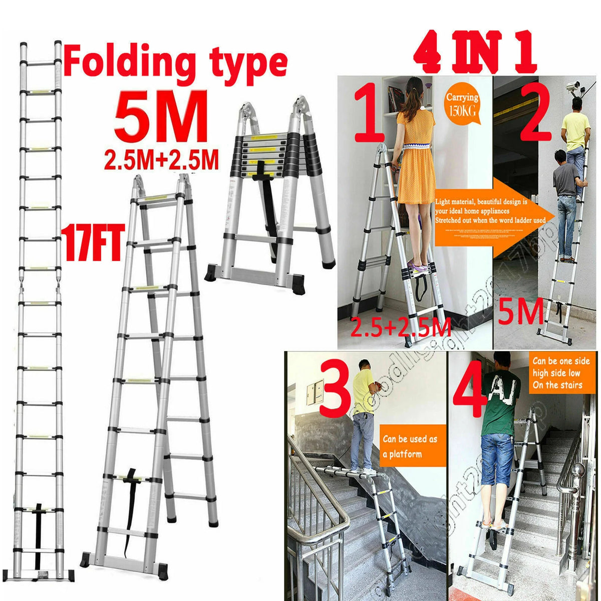 16.5Ft Aluminum Telescoping Ladder, 330lbs Load Capacity A55654