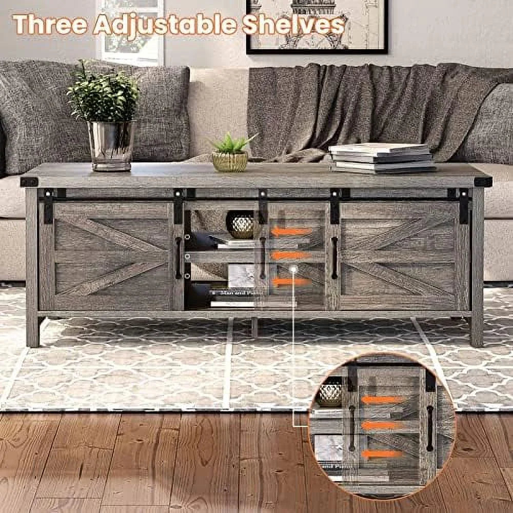 Farmhouse Coffee Table with Hidden Compartment and Cabinets Shelves D41757