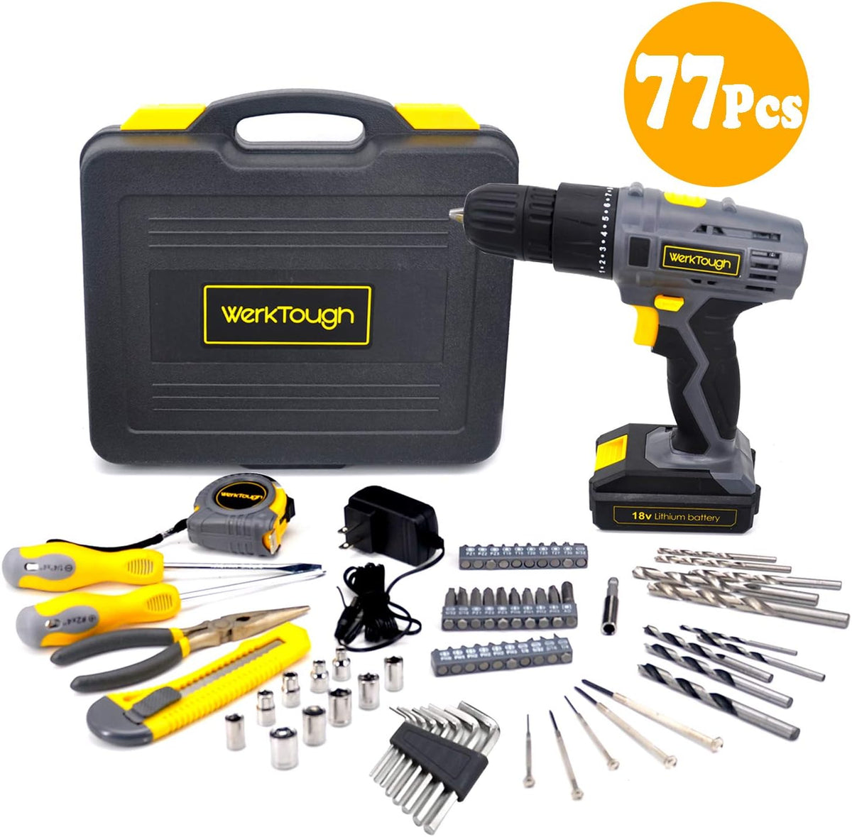 77PCS 18/20V Cordless Drill Screwdriver Tool Set in Toolbox Storage Case Q40363