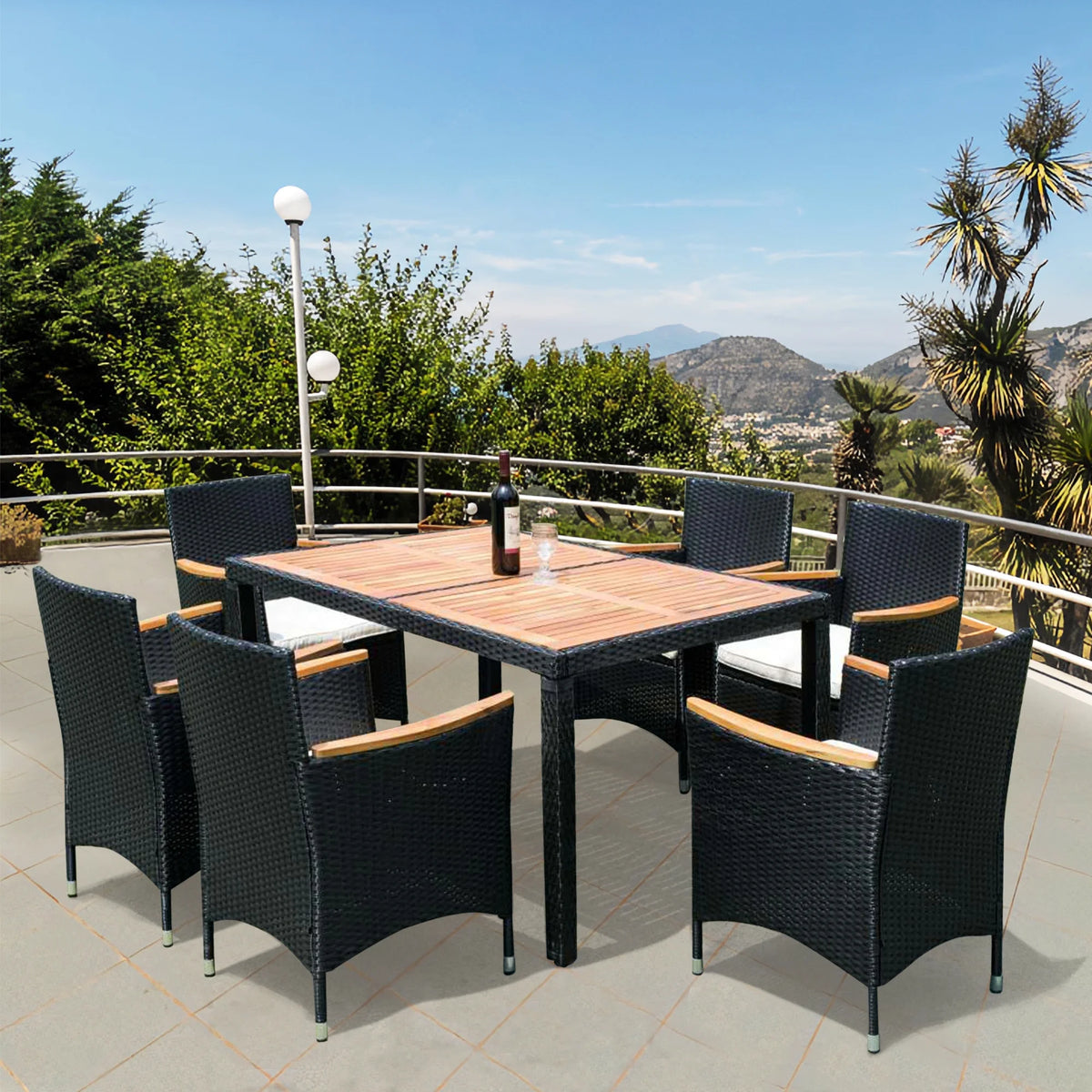 7 Piece Outdoor Patio Wicker Dining Set with Acacia Wood Top B7744