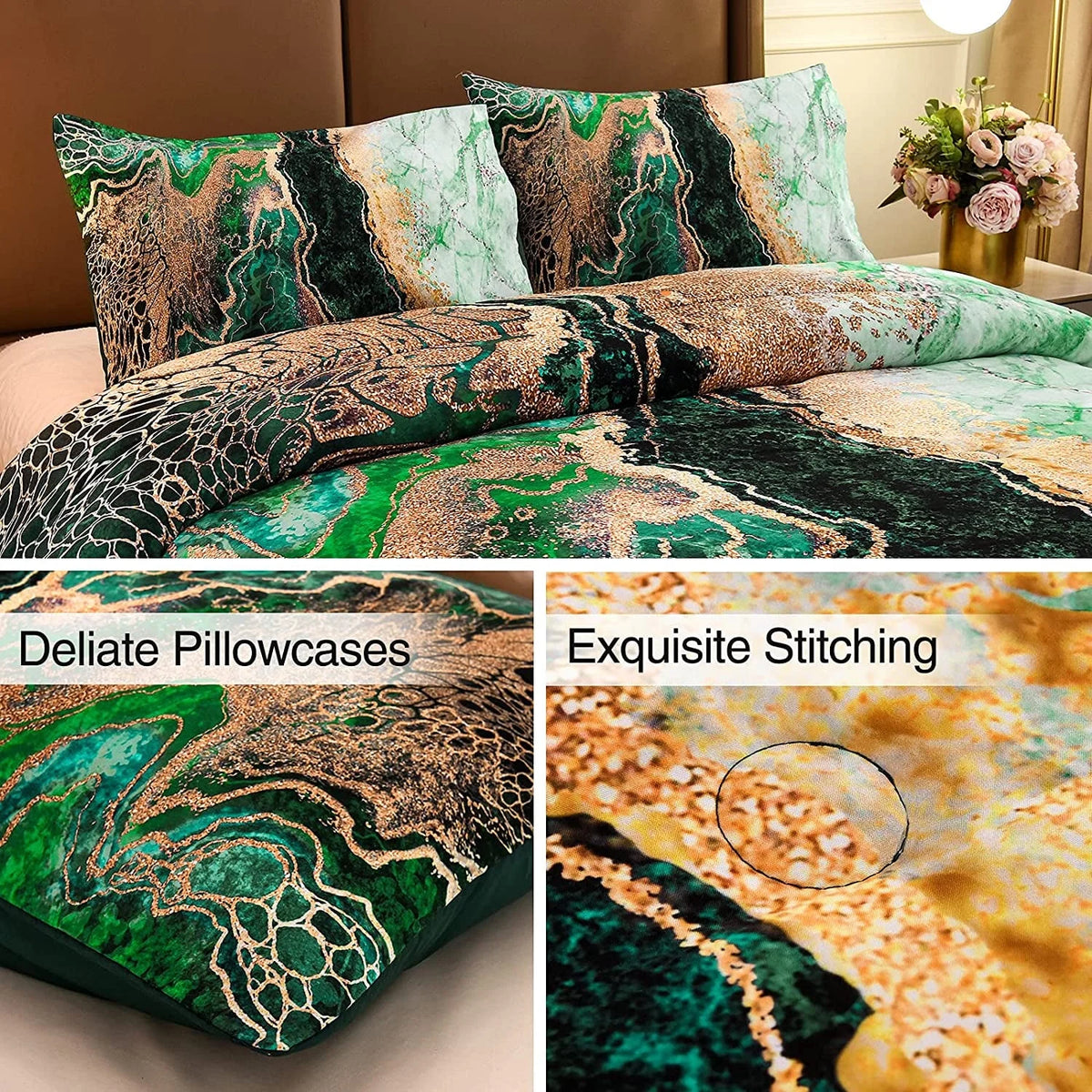 King Comforter Set Marble Printed Bedding Set Watercolor Green P610777