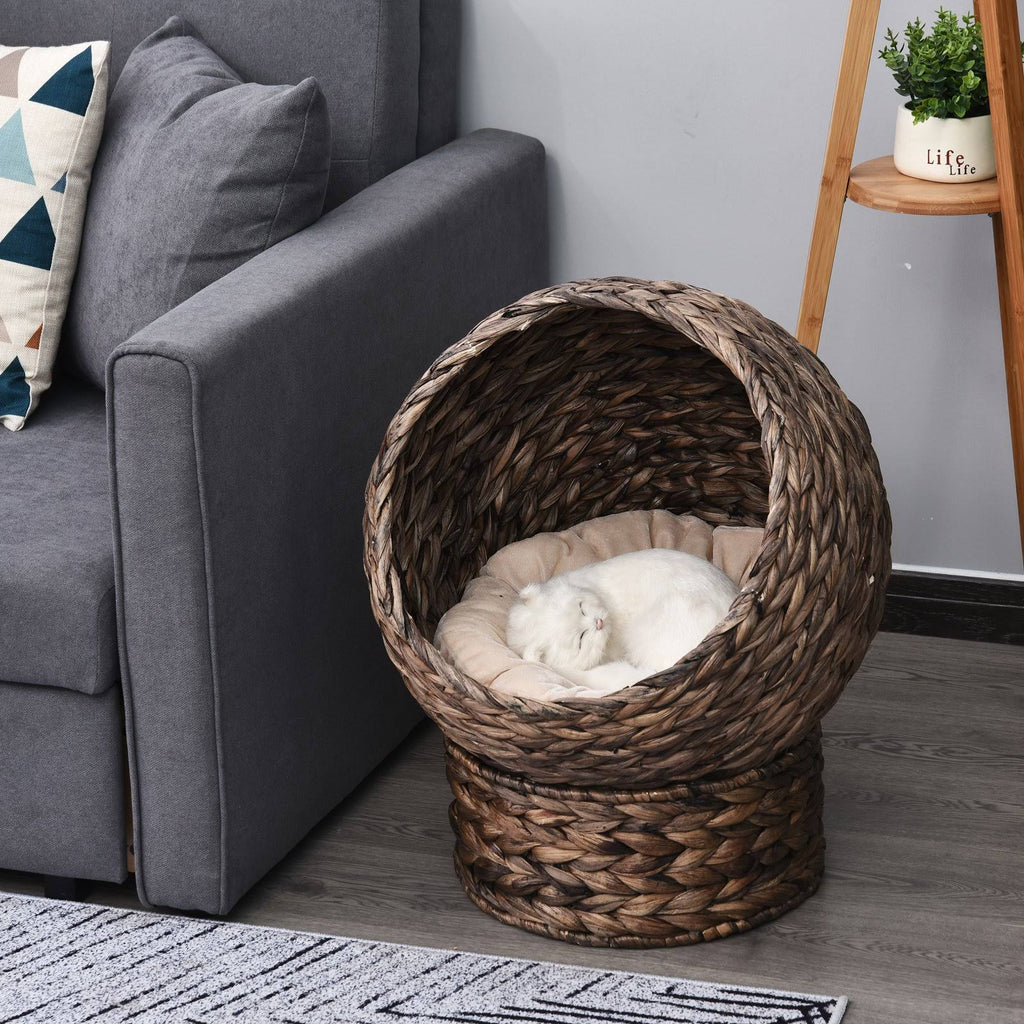 Hooded Rattan Wicker Elevated Cat House with Mat Y269