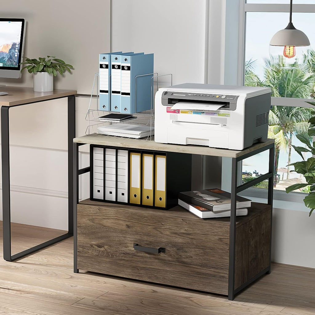 Wooden Lateral File Cabinet with Drawer and Open Storage Shelves S455