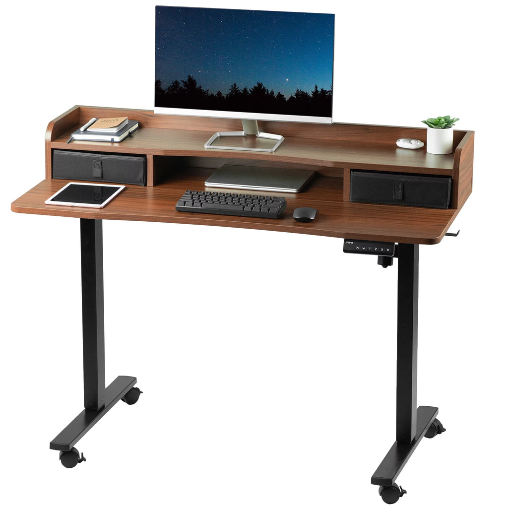 Dark Walnut Black 2 Tier Electric Mobile Sit Stand Desk M678