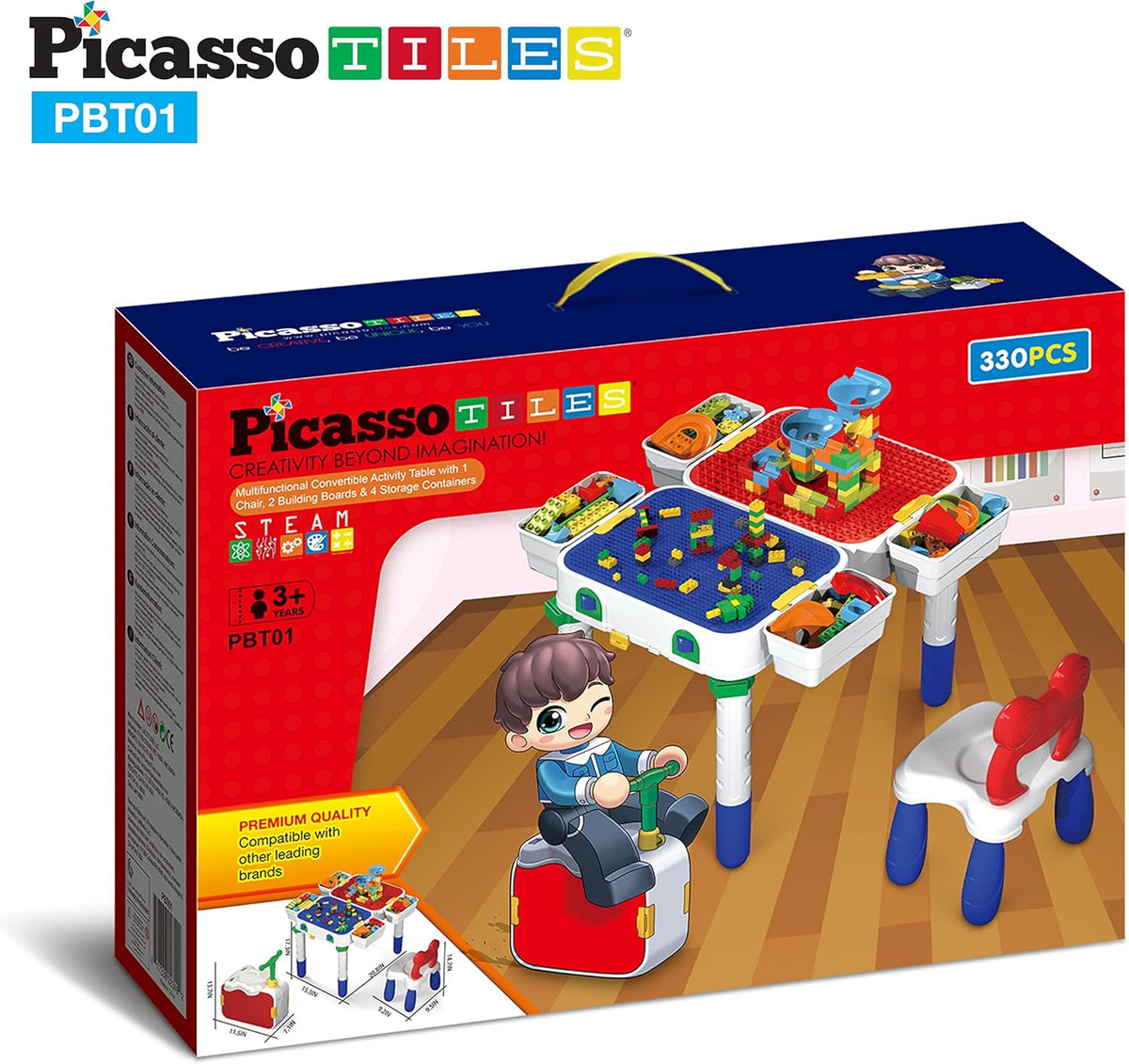 Kids Play Table & Chair Set with Storage, 331pcs Building Blocks and Marble Run F3780