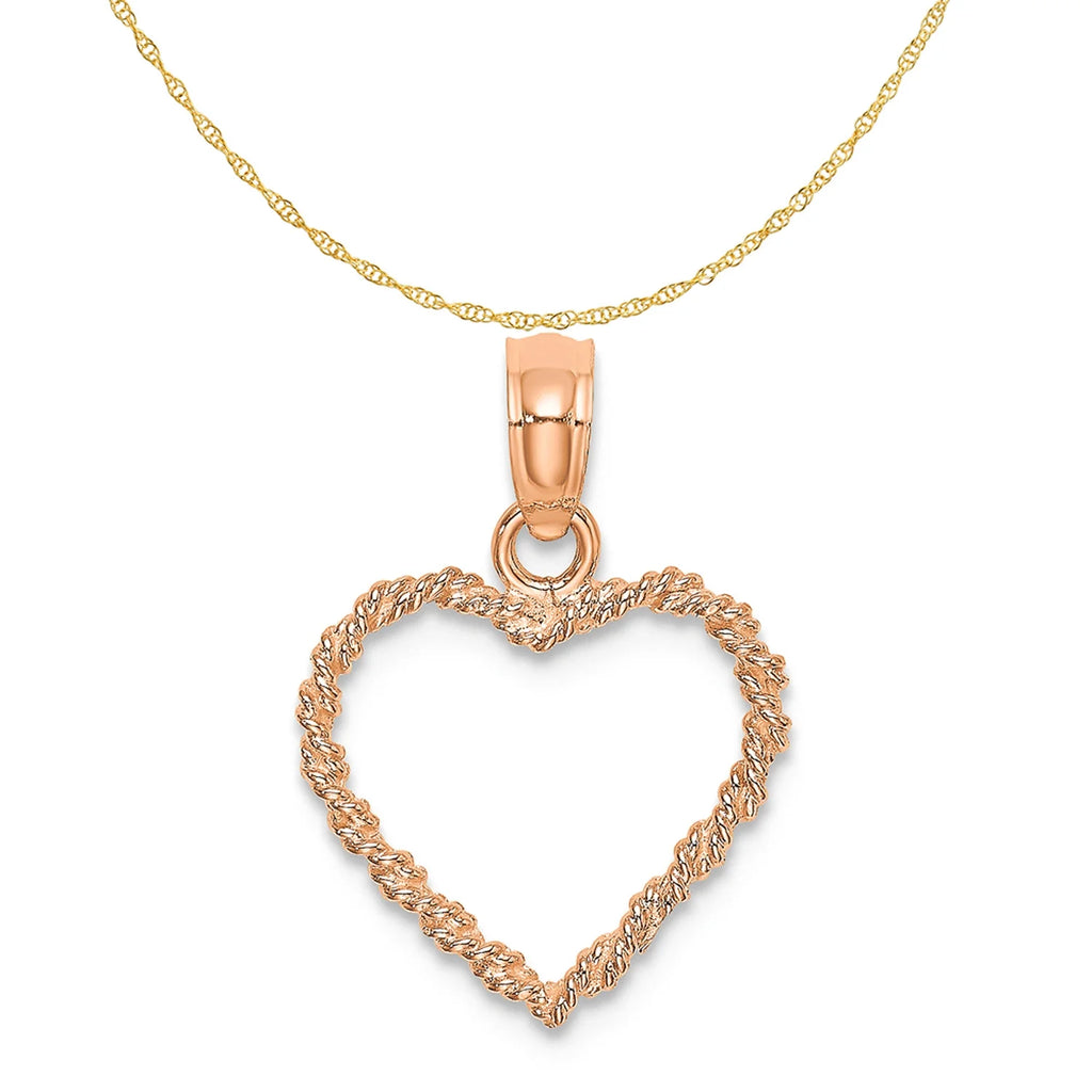 14K Rose Gold 3D Polished Rope Heart Pendant With 10K Yellow Gold Lightweight Rope Chain 16" G1699