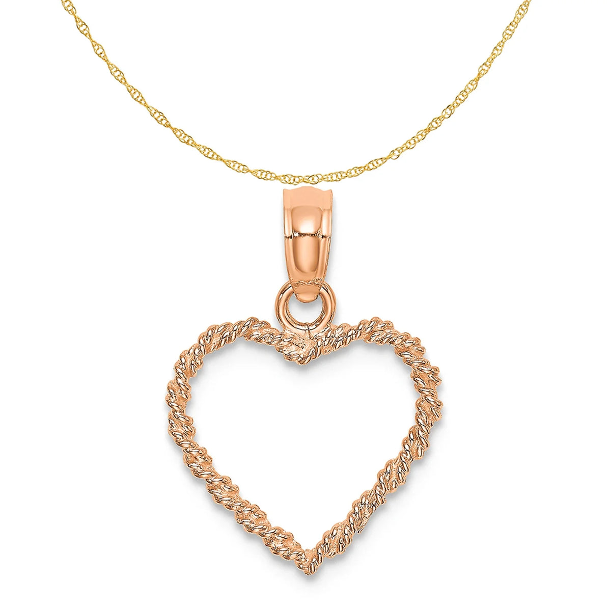 14K Rose Gold 3D Polished Rope Heart Pendant With 10K Yellow Gold Lightweight Rope Chain 16" G1699