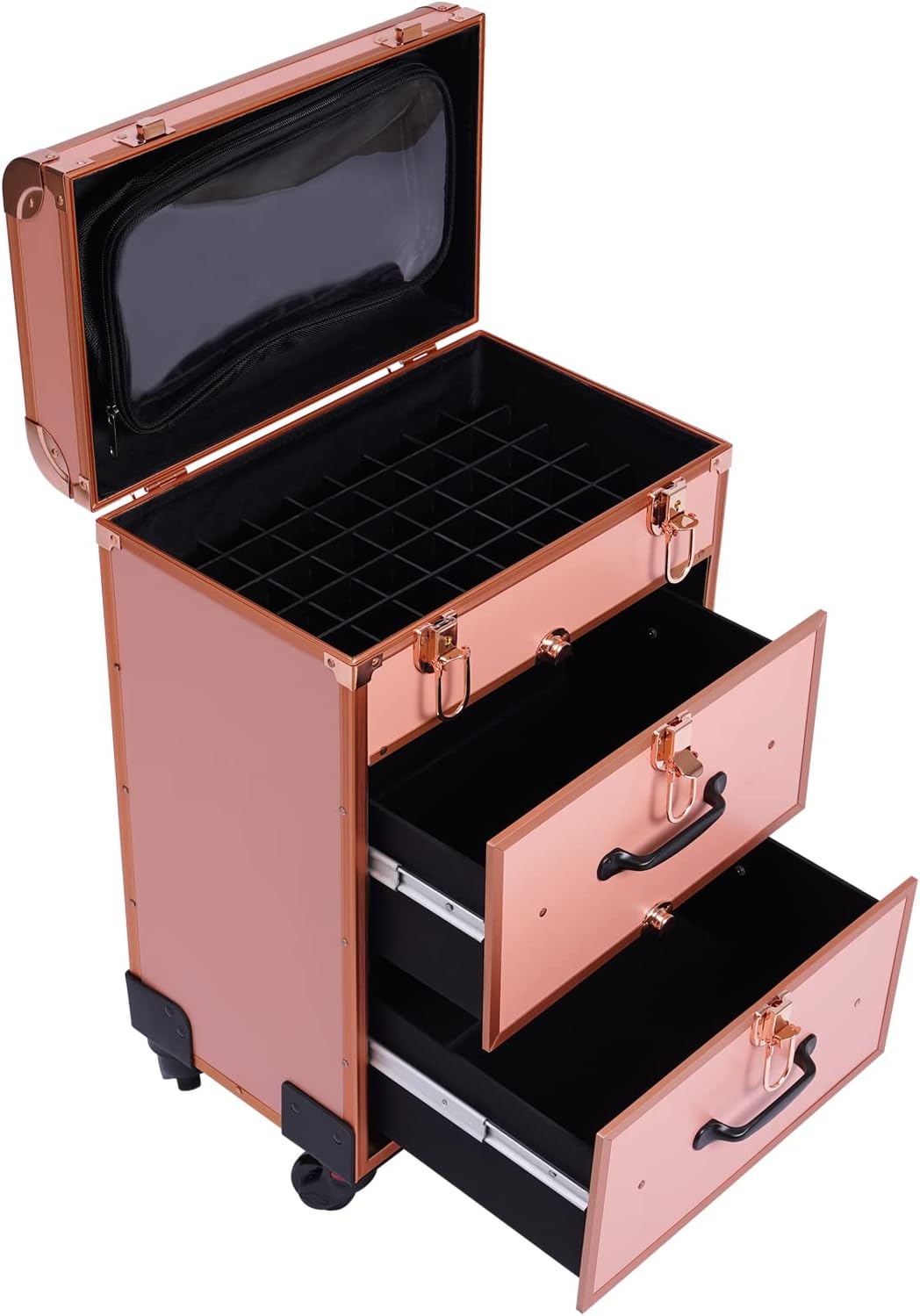 3 Layers Rolling Makeup Case with Reinforced Lock & Transparent Storage Bag Gold V747