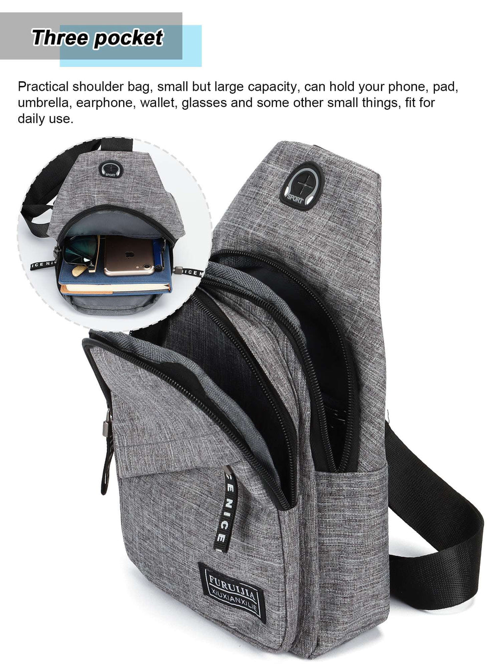 Small Casual Sling Bag Crossbody Backpack with Adjustable Shoulder Strap Black & Gray P9926