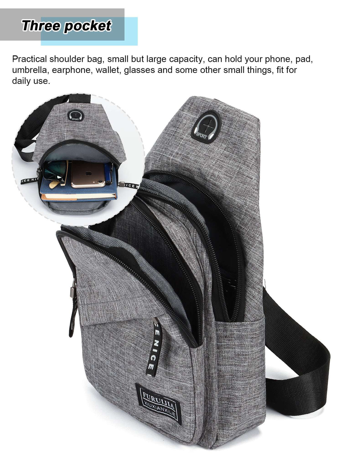 Small Casual Sling Bag Crossbody Backpack with Adjustable Shoulder Strap Black & Gray P9926