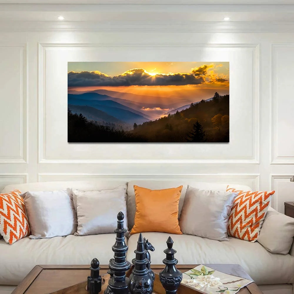 Sunrise Over Blue Ridge Mountains Scenic Painting Gallery Wrapped Canvas Art Q4699