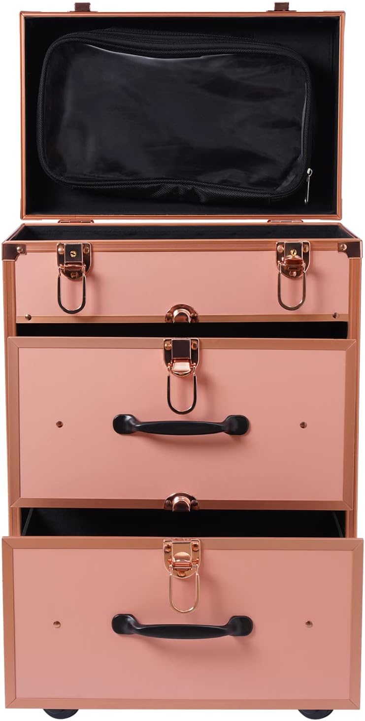 3 Layers Rolling Makeup Case with Reinforced Lock & Transparent Storage Bag Gold V747