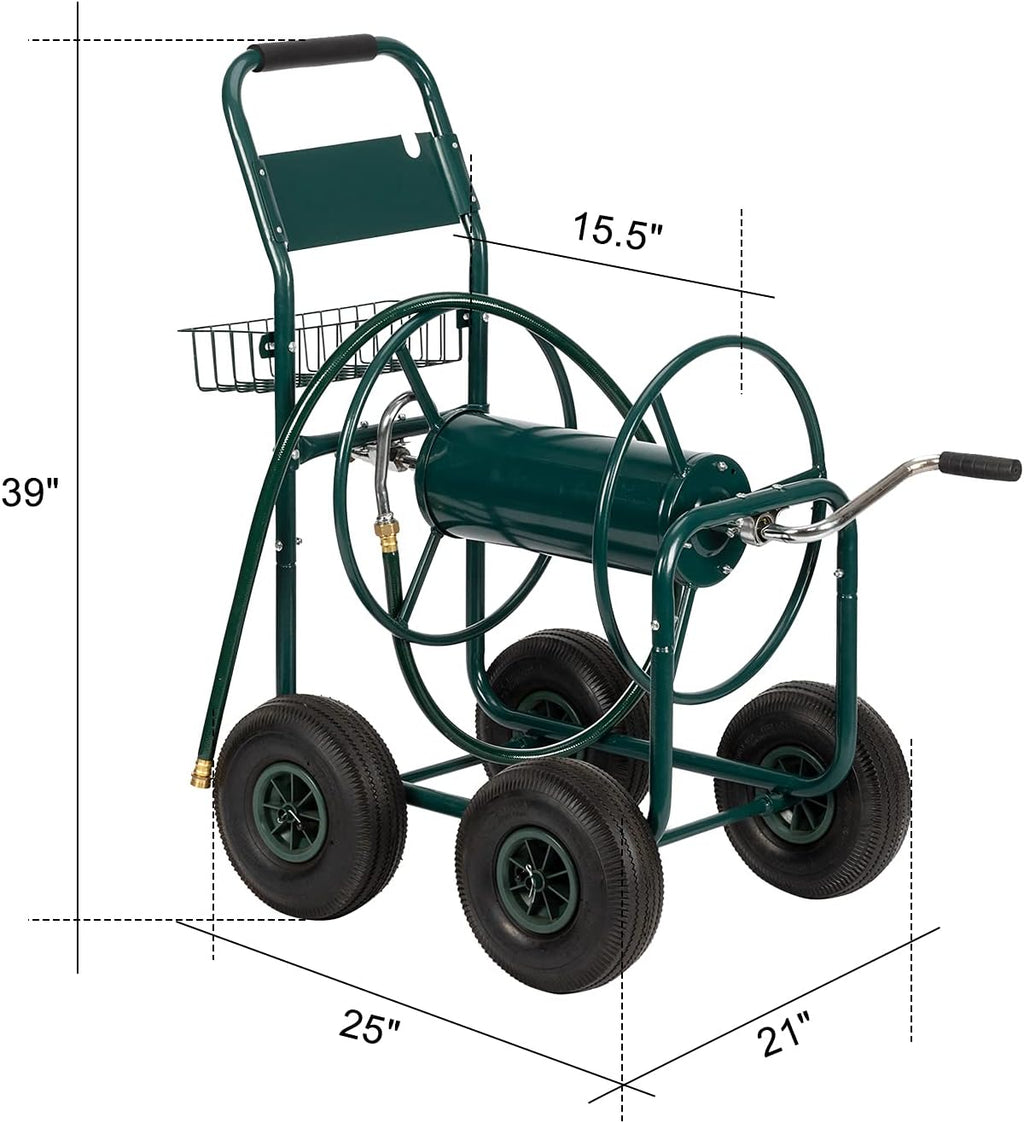 4-Wheel Garden Hose Reel Cart with Storage Basket W6546