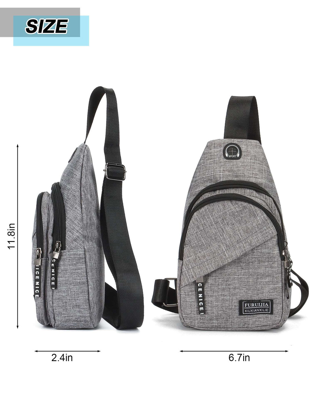 Small Casual Sling Bag Crossbody Backpack with Adjustable Shoulder Strap Black & Gray P9926
