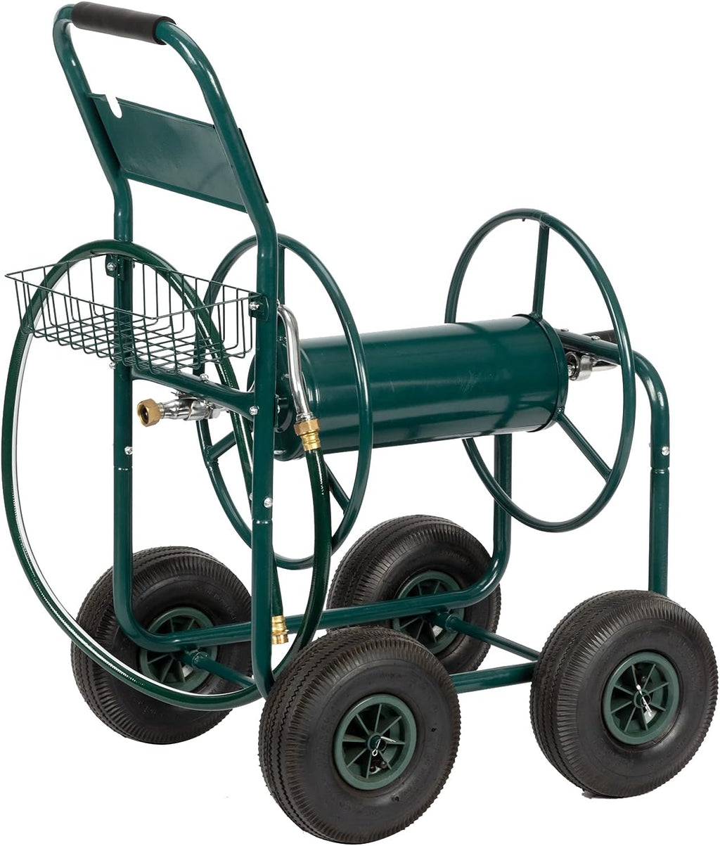 4-Wheel Garden Hose Reel Cart with Storage Basket W6546