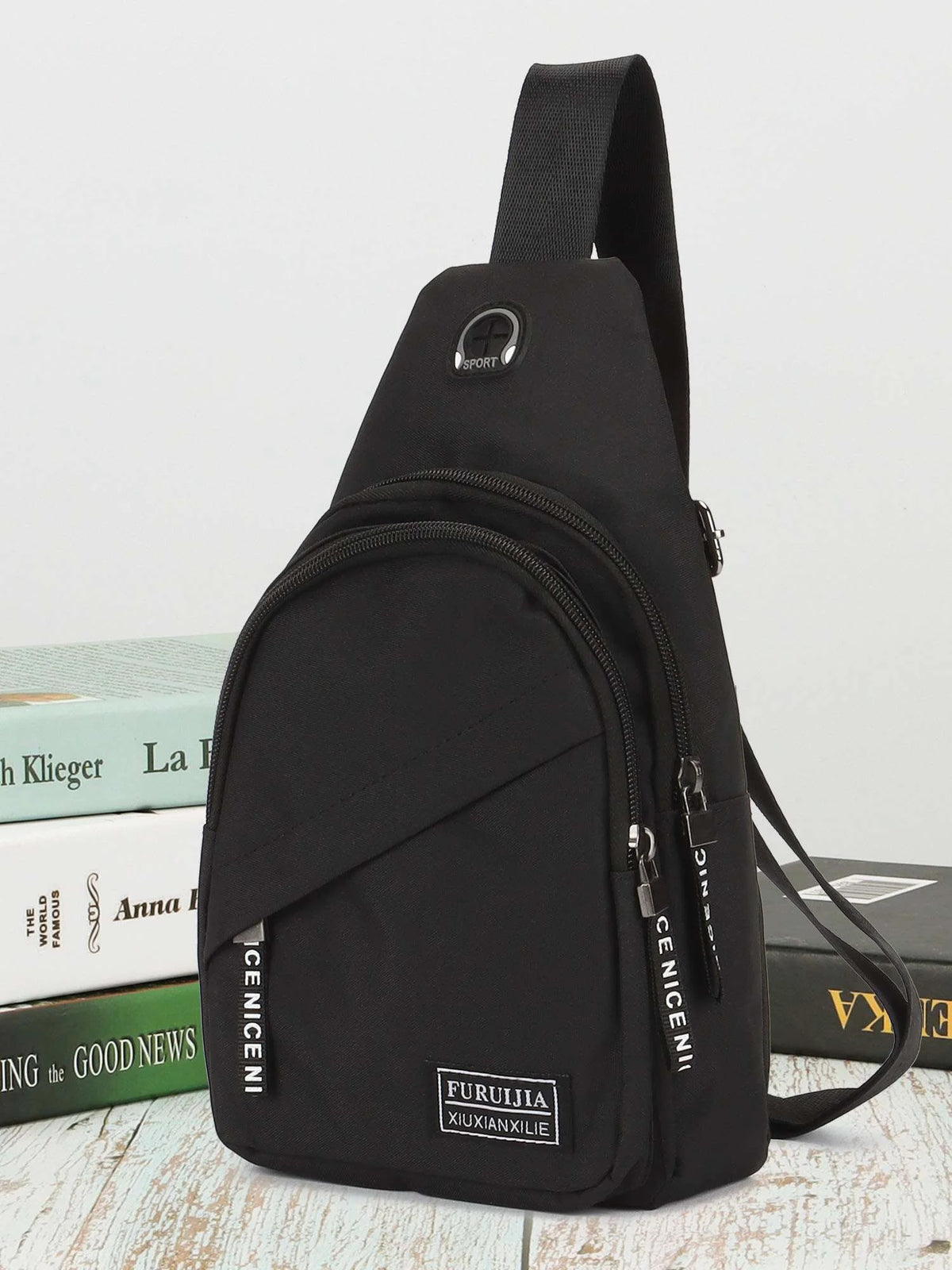 Small Casual Sling Bag Crossbody Backpack with Adjustable Shoulder Strap Black & Gray P9926