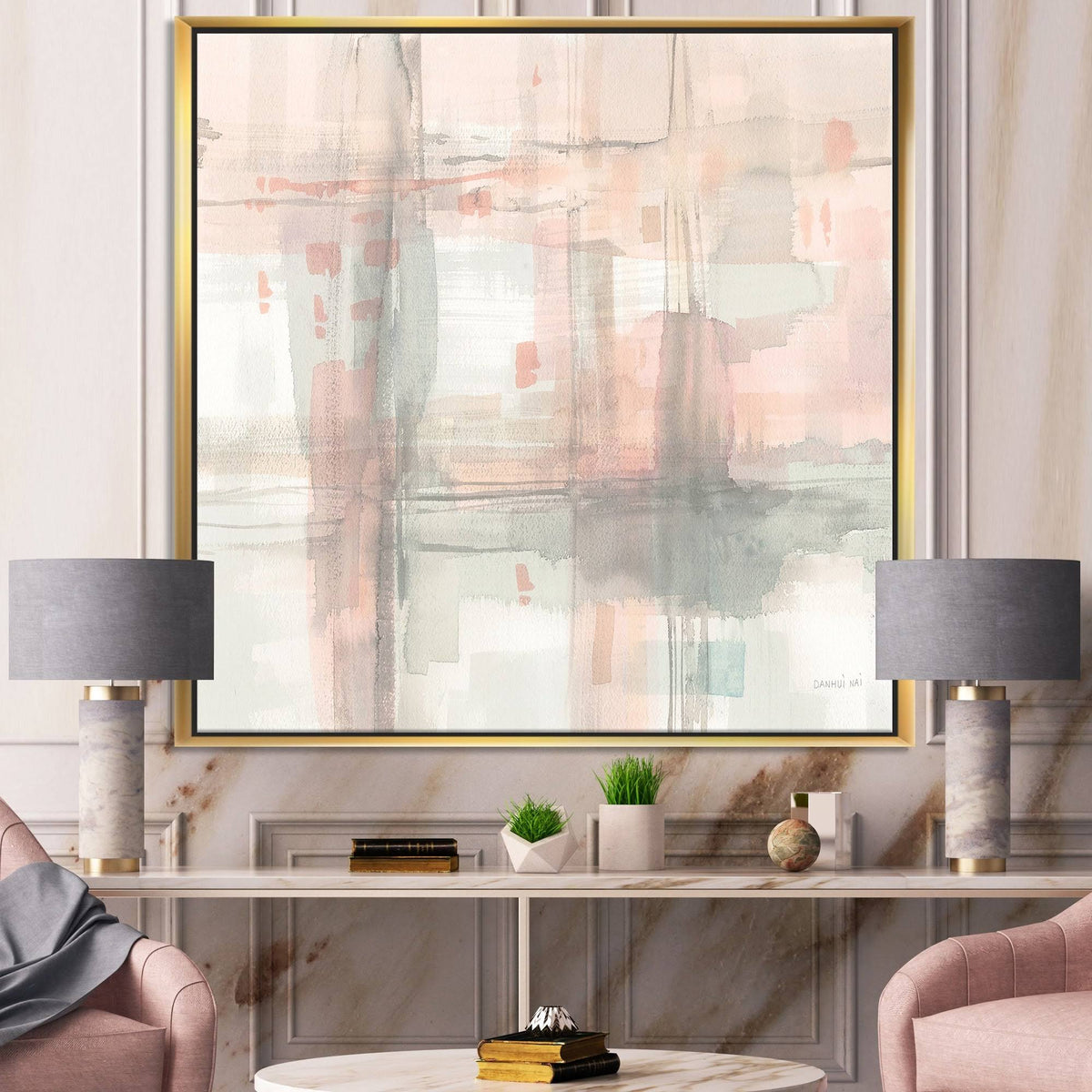 Grey Pink Modern Framed Canvas 44 in. Wide x 34 in. High D748