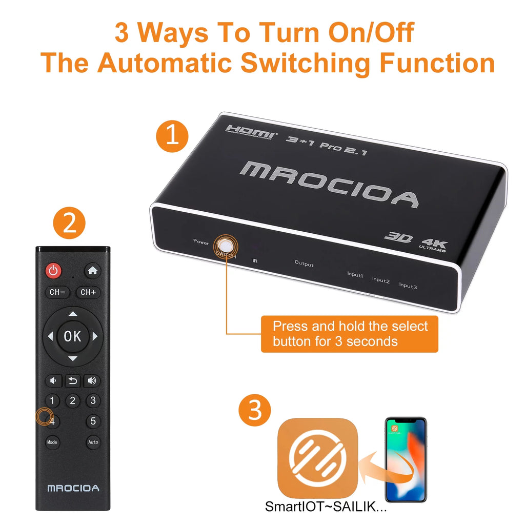HDMI 2.1 Switch 8k 3in 1 out HDMI Splitter with IR Remote B2550