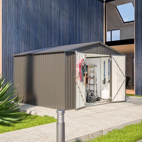 10X8 FT Metal Outdoor Storage Shed with Floor and Lockable Doors, Black I581
