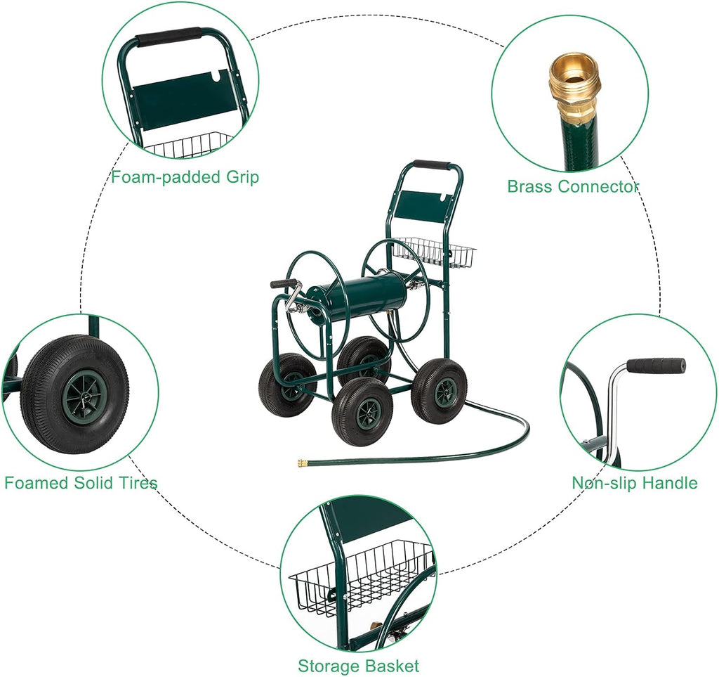 4-Wheel Garden Hose Reel Cart with Storage Basket W6546