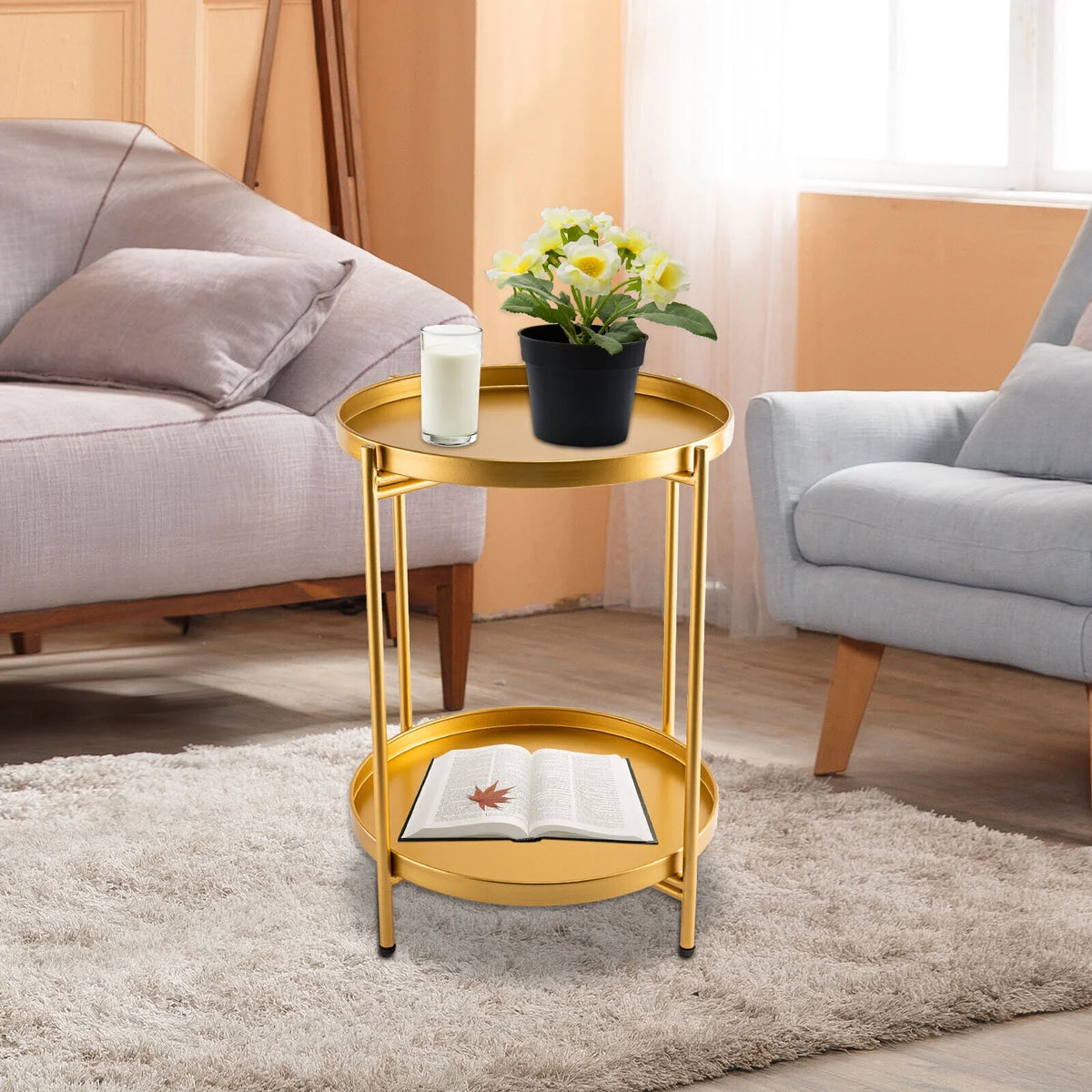 2-Tier Metal Round End Table with Removable Tray F393162