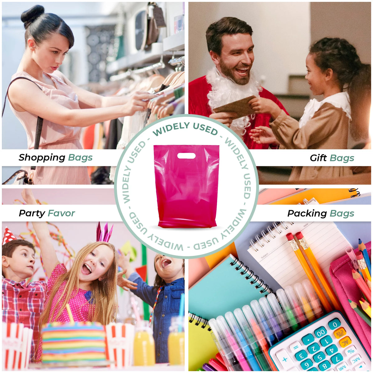1000 Pack 9" x 12" 1.25 mil Pink Glossy Plastic Retail Bags with Die Cut Handle B693