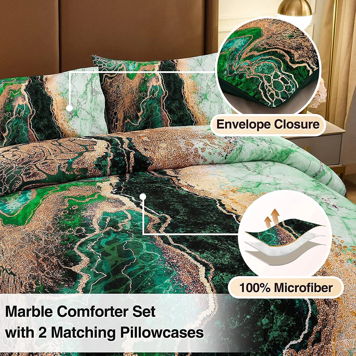 King Comforter Set Marble Printed Bedding Set Watercolor Green P610777