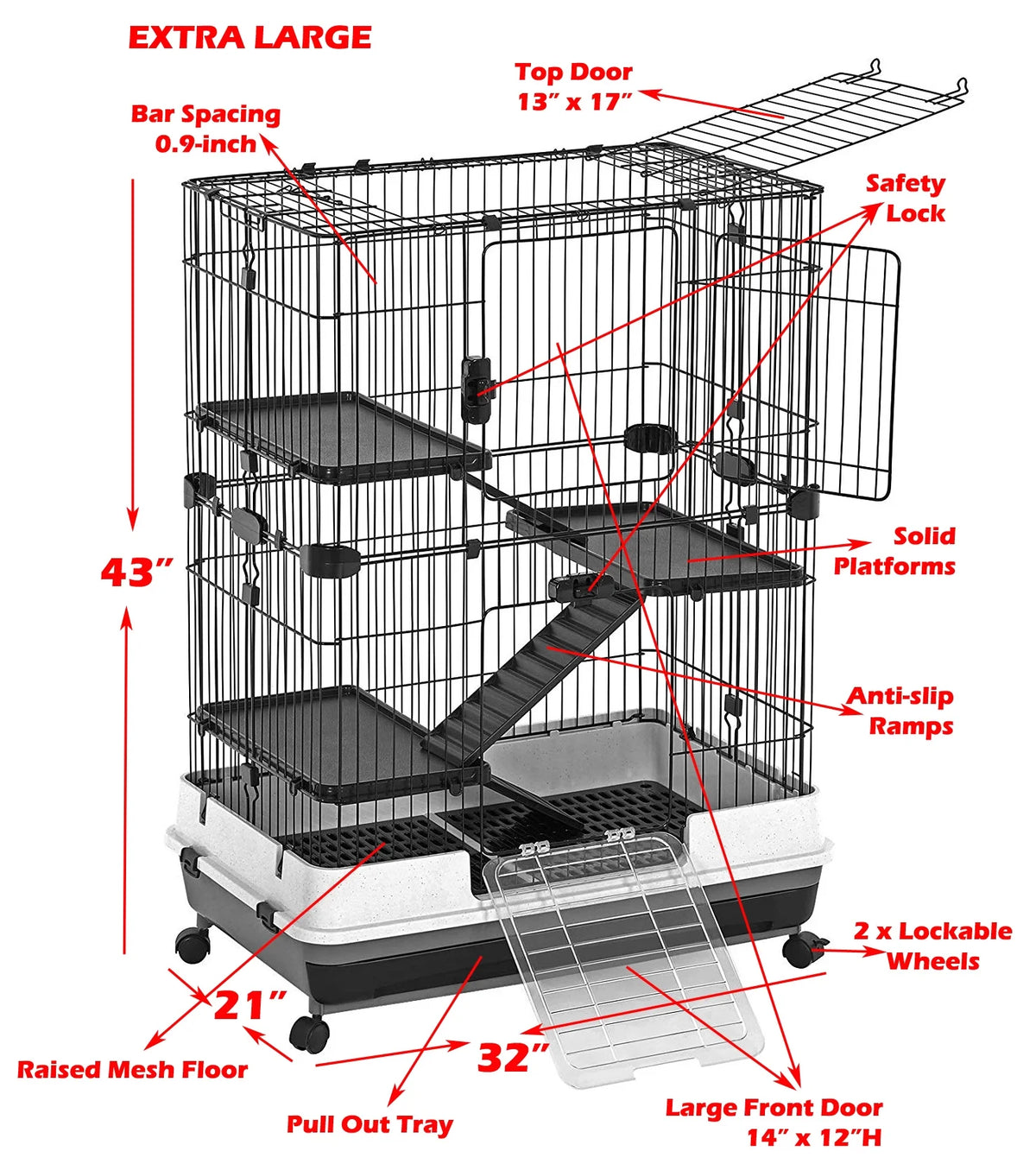 X-Large 43” 4-Story Indoor/Outdoor Rabbit Guinea Pig Hutch Cage with Washable Tray K842